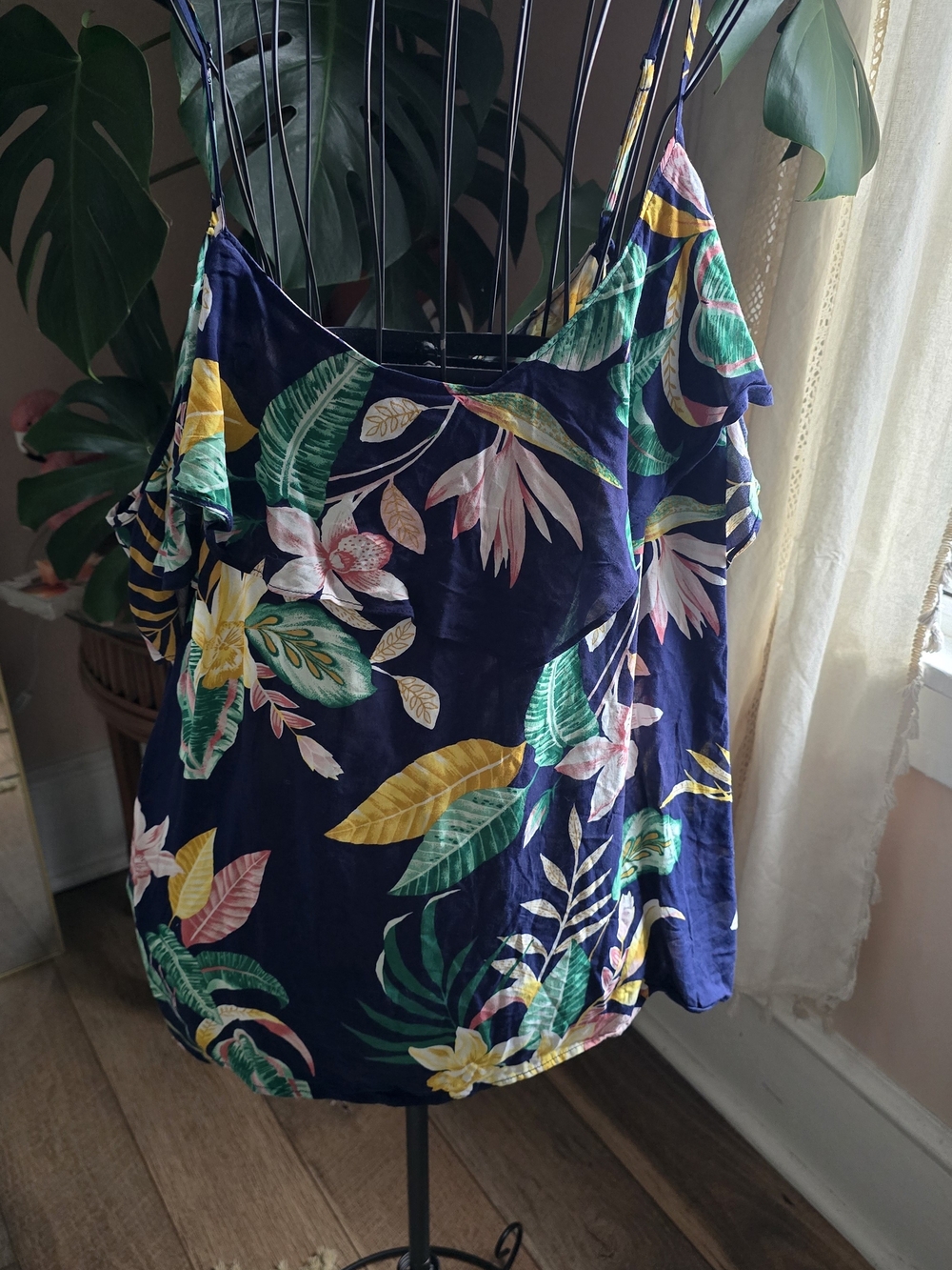 Old Navy Navy Tropical Floral Cold-Shoulder Cami with Green and Yellow Accents